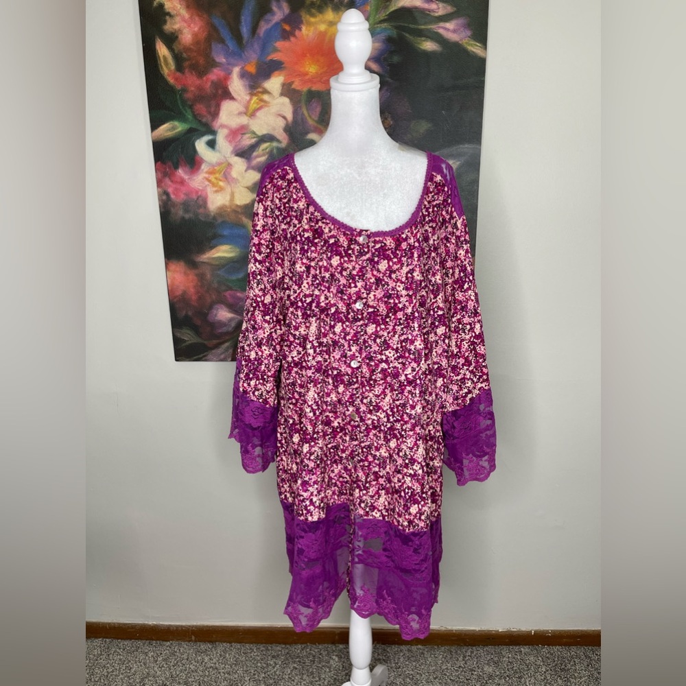 Roamans New Floral Tunic Bell Sleeves Blouse Lace Trim Romantic Bohemian 32 5X